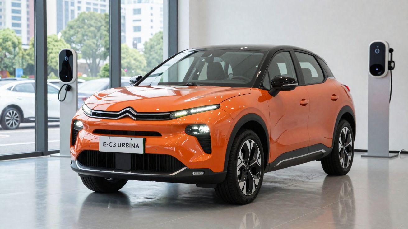 Carro elétrico Citroën E-C3 Urbina laranja exposto em showroom com postes de carregamento elétrico.