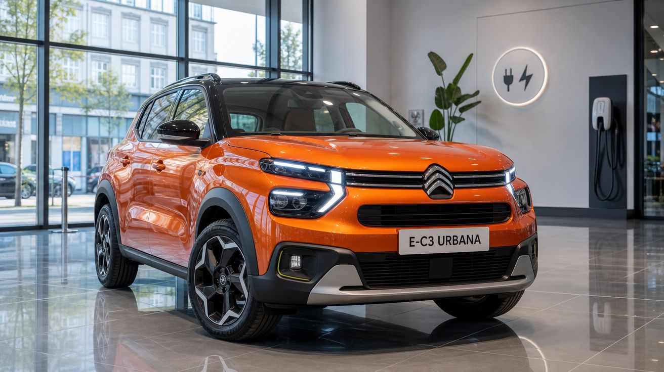 Citroën E-C3 Urbana elétrico laranja em showroom moderno com carregador na parede.