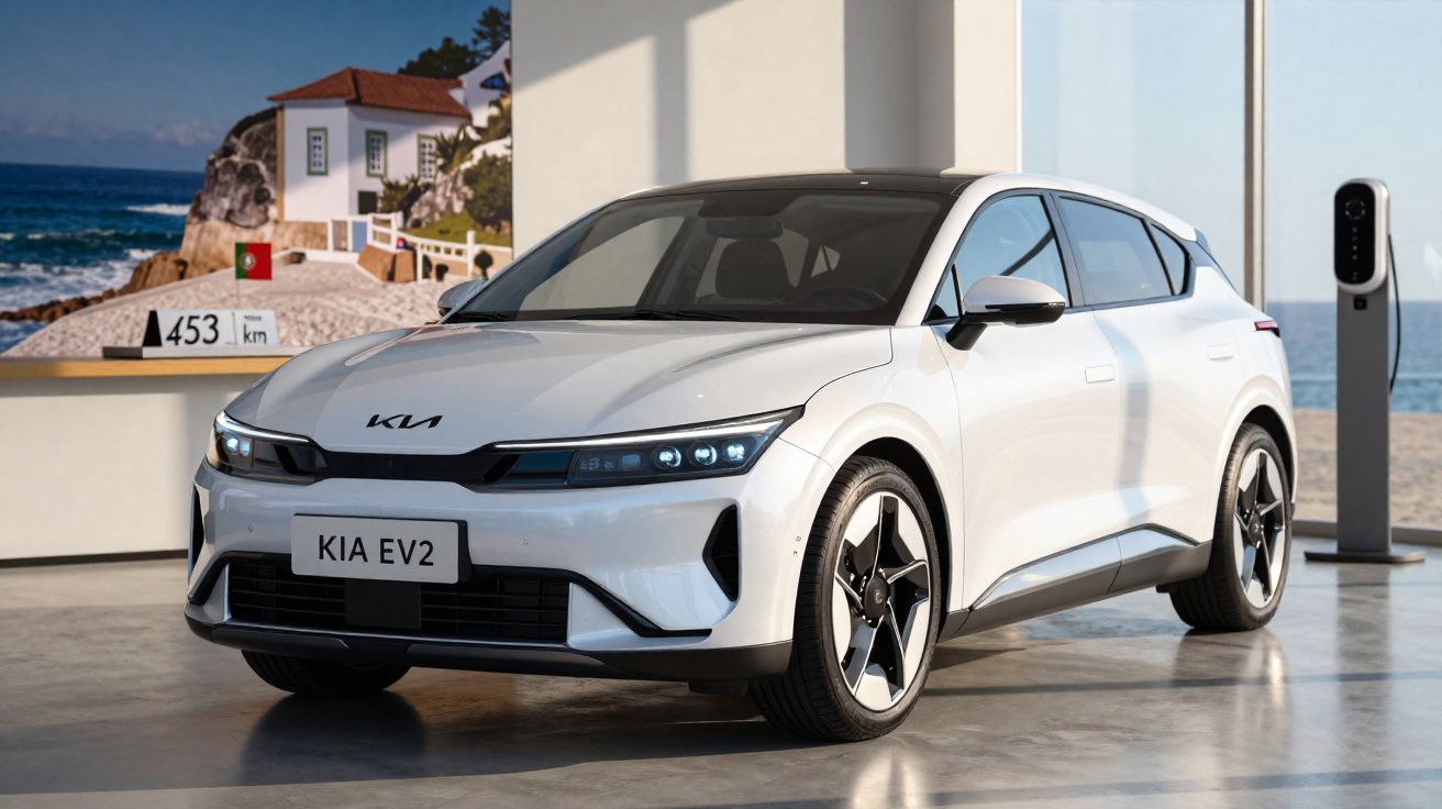 Carro elétrico branco Kia EV2 estacionado numa garagem moderna com carregador e imagem de praia ao fundo.