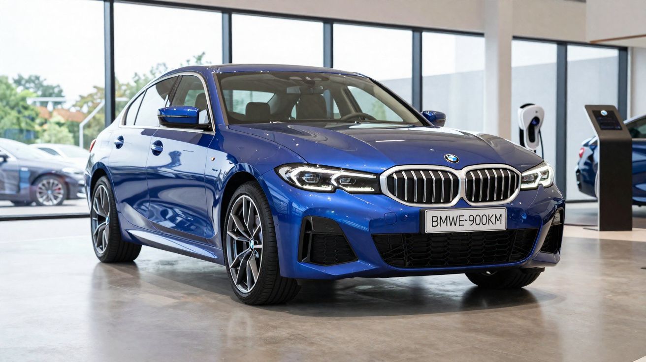 Carro azul BMW desportivo em exposição num salão com grandes janelas e piso em cimento polido.