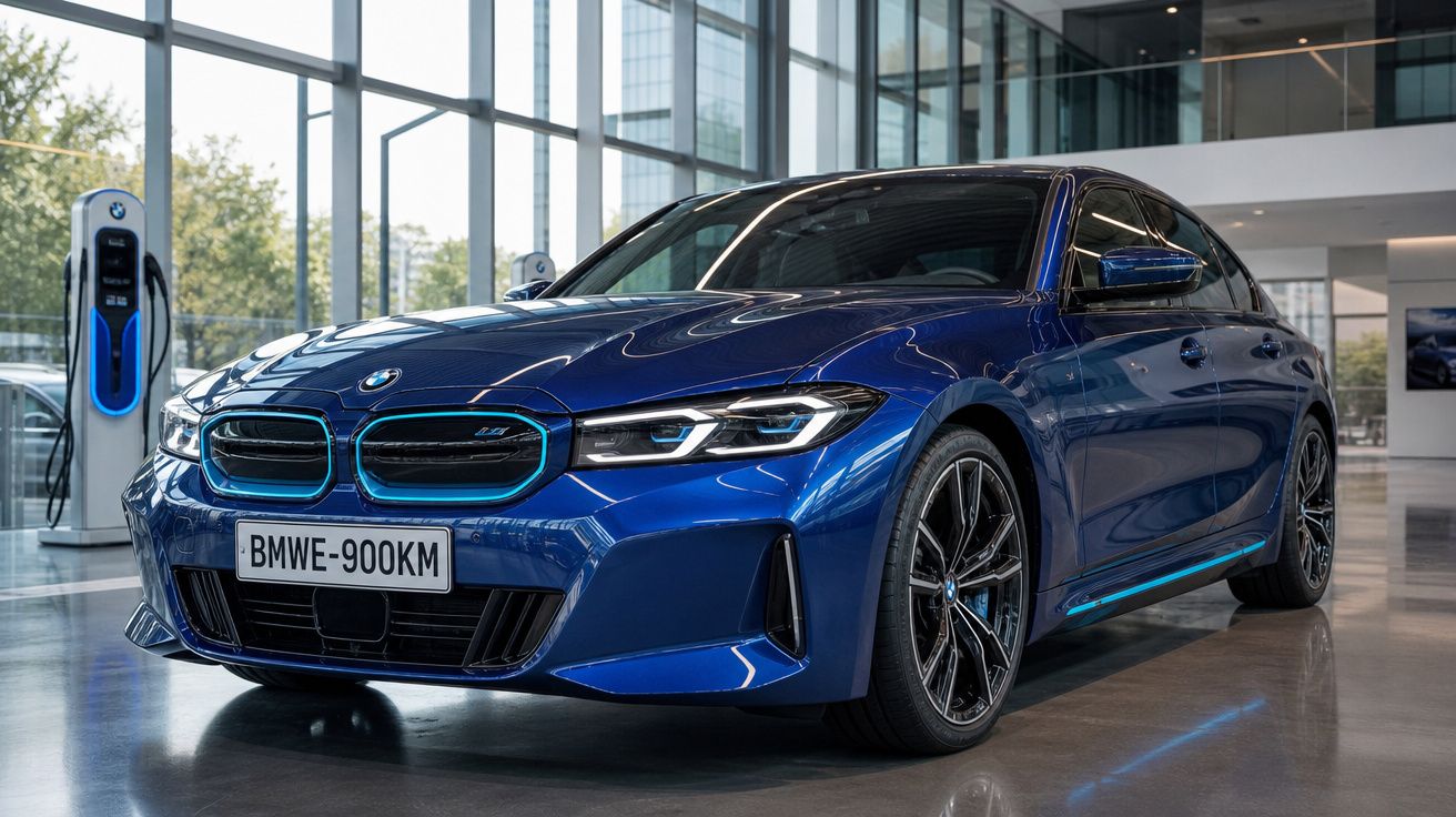 Carro elétrico BMW azul estacionado numa sala moderna com posto de carregamento visível ao fundo.