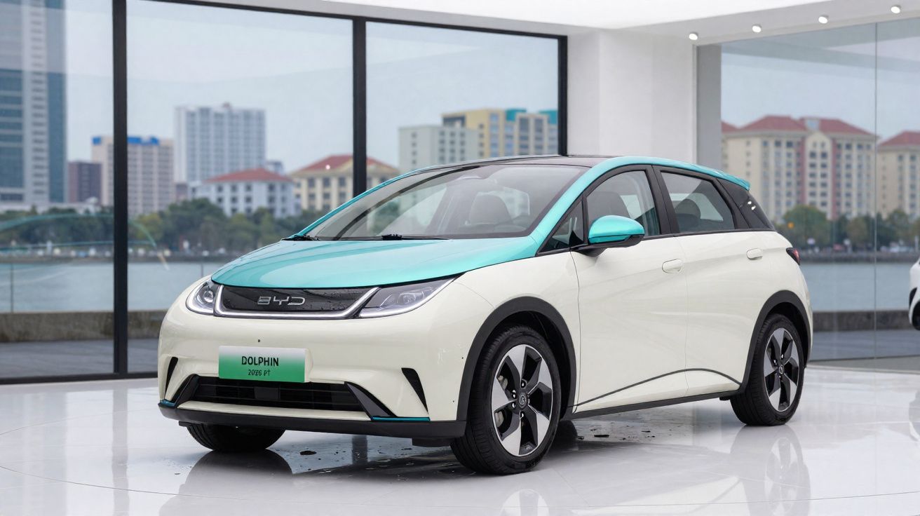 Carro elétrico BYD Dolphin branco e azul exposto num showroom com janelas amplas e vista urbana ao fundo.