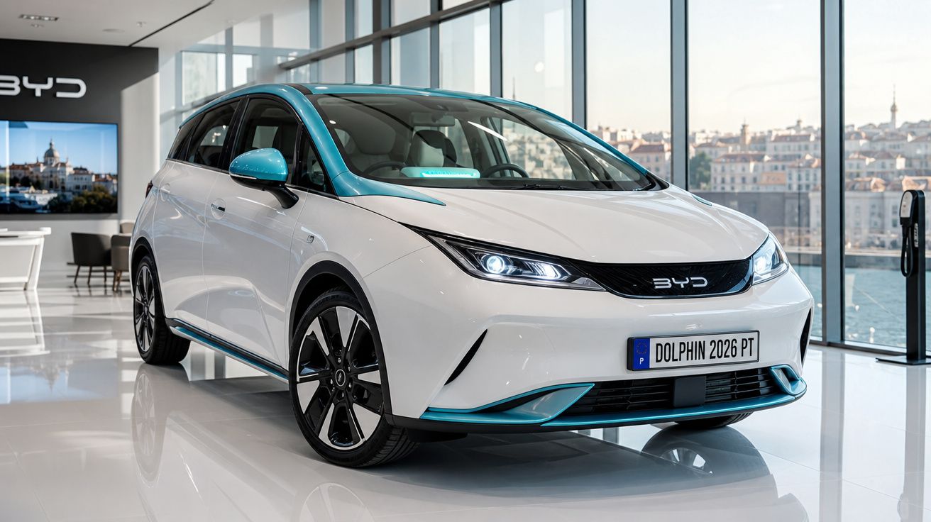 Carro elétrico BYD Dolphin branco e azul exposto num salão moderno com vista para a cidade.