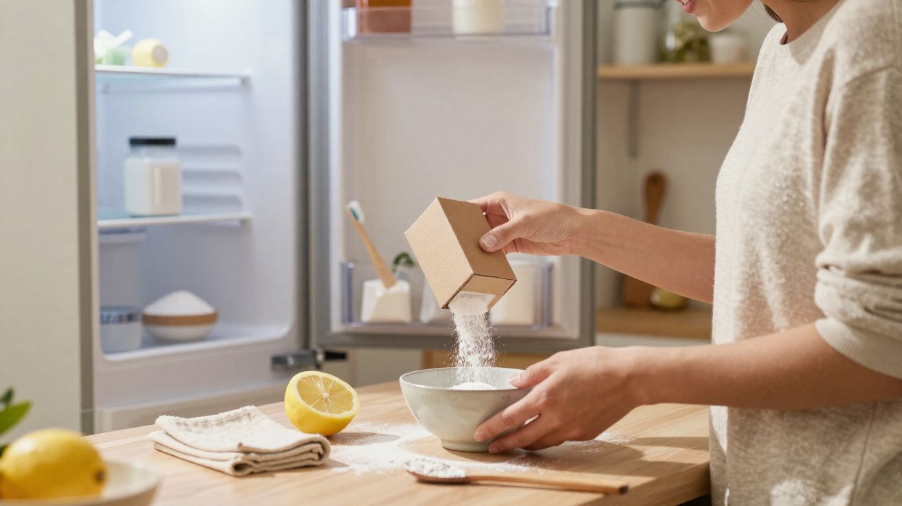Pessoa a adicionar farinha a uma taça na cozinha com frigorífico aberto e limões na bancada.