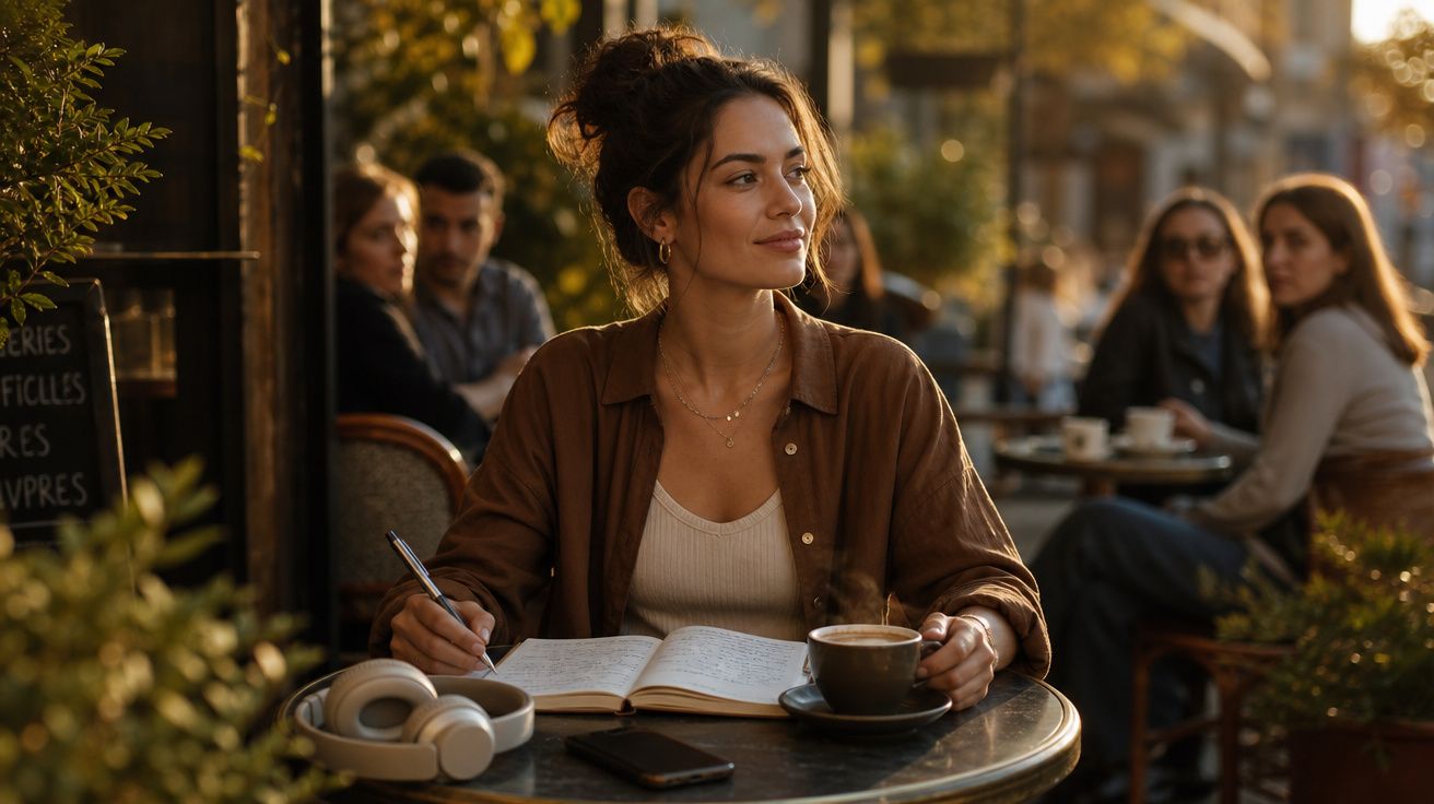 Mulher sentada num café ao ar livre, a escrever num caderno, com café e auscultadores na mesa.