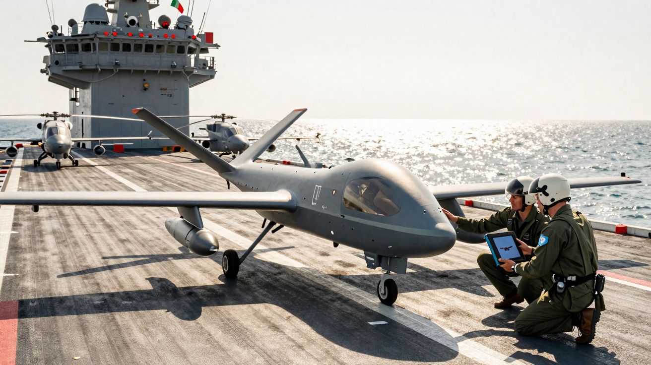 Duas pessoas em uniforme junto a um drone militar no convés de um navio no mar.