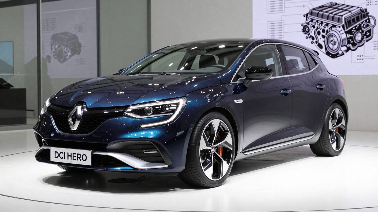 Carro Renault DCI Hero azul escuro, visto de frente e lado, em exposição com fundo branco e esquemas técnicos.