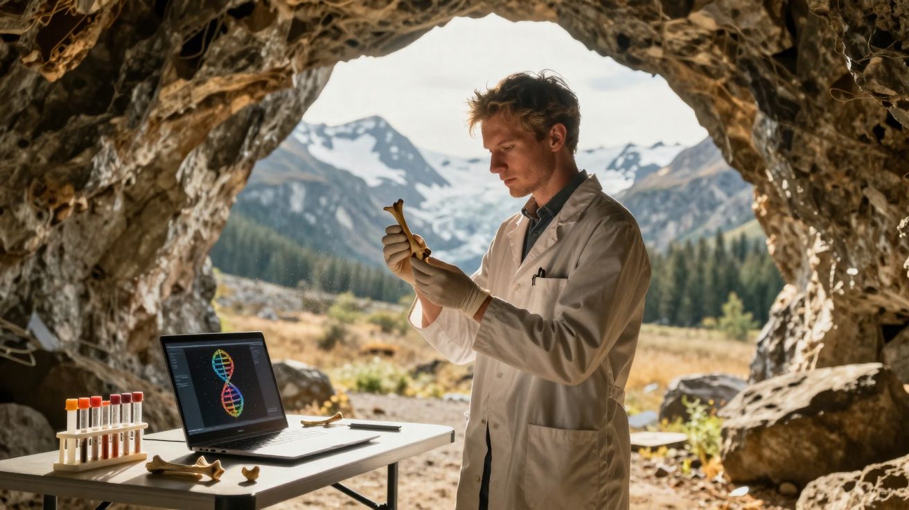 Cientista analisa osso numa gruta com equipamento de laboratório e montanhas cobertas de neve ao fundo.