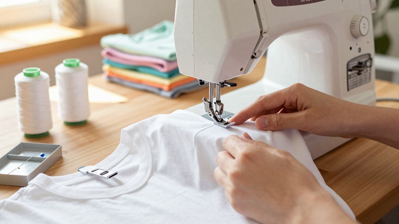 Pessoa a coser uma t-shirt branca numa máquina de costura com linhas e tecidos ao fundo.