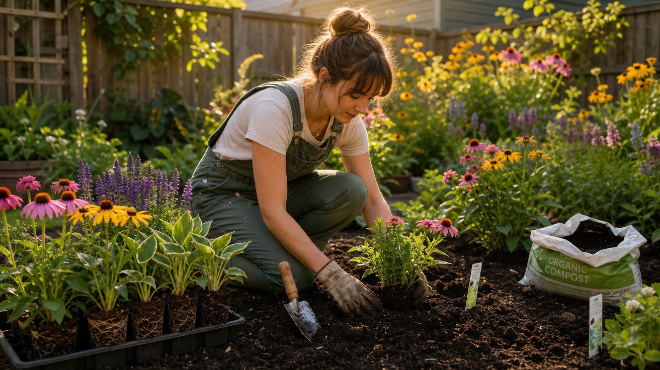 Mulher a plantar flores num jardim ao ar livre com ferramentas e saco de composto orgânico.