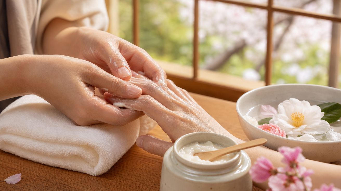 Tratamento de mãos num spa com toalha branca, creme e flores decorativas numa mesa de madeira.
