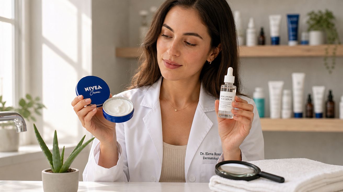Mulher com bata branca segura creme Nivea e sérum em frasco de vidro num ambiente de clínica dermatológica.