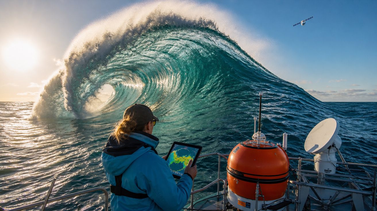 Pessoa a bordo de um barco a monitorizar ondas grandes, com uma onda tubulosa a formar-se no mar ao pôr do sol.