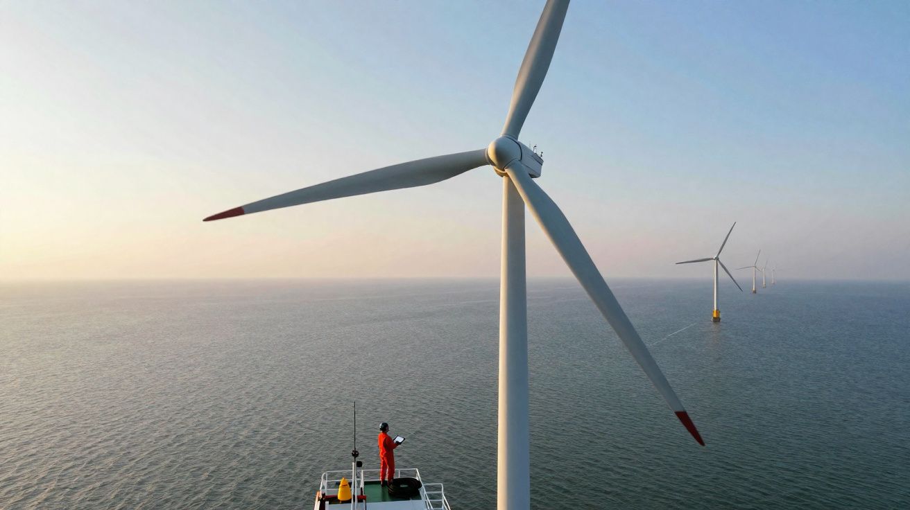 Parque eólico offshore com turbinas e trabalhador em plataforma no mar ao pôr do sol.