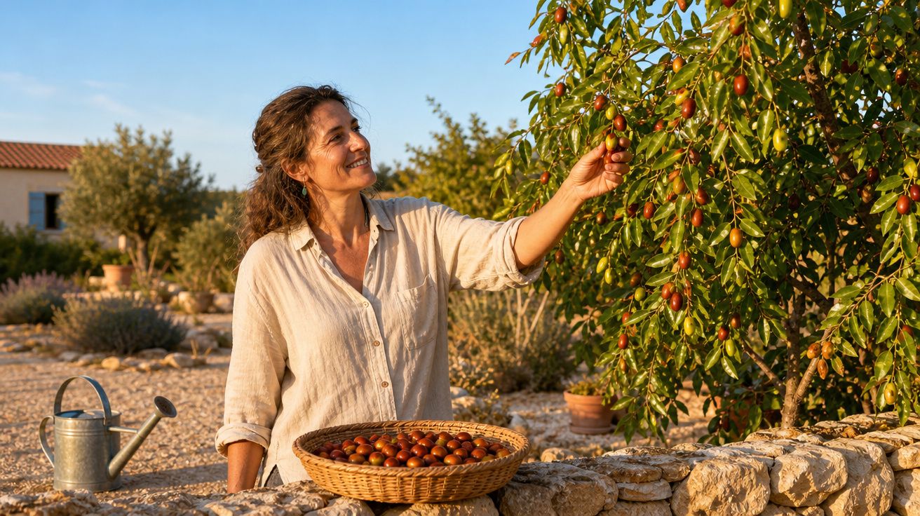 Mulher colhe jujubas numa árvore com um cesto cheio de frutos num jardim ensolarado.