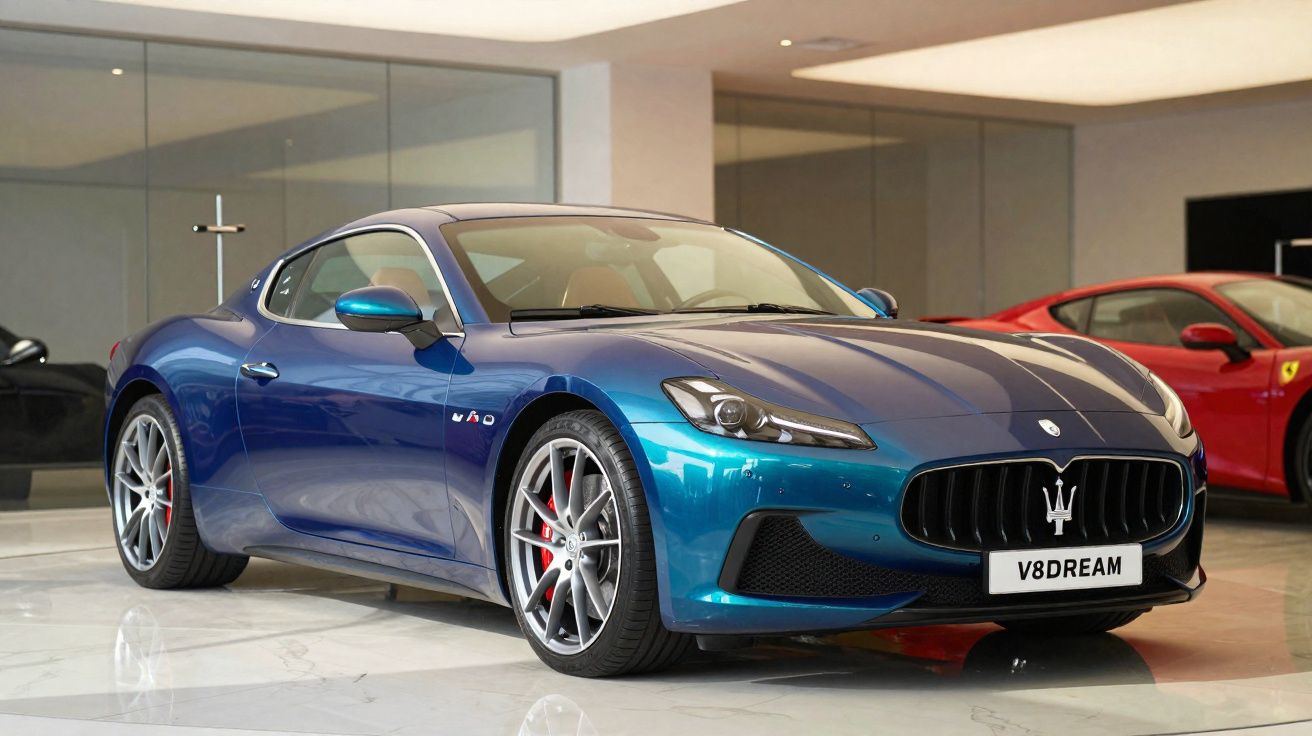 Carro desportivo azul Maserati V8 Dream numa garagem com carro vermelho ao fundo.