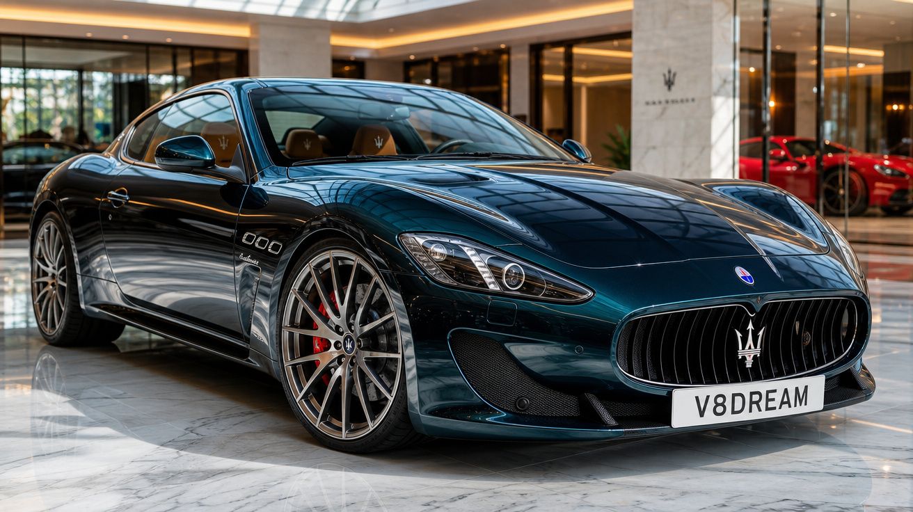 Carro desportivo Maserati azul escuro estacionado em showroom com chão de mármore e iluminação interior.