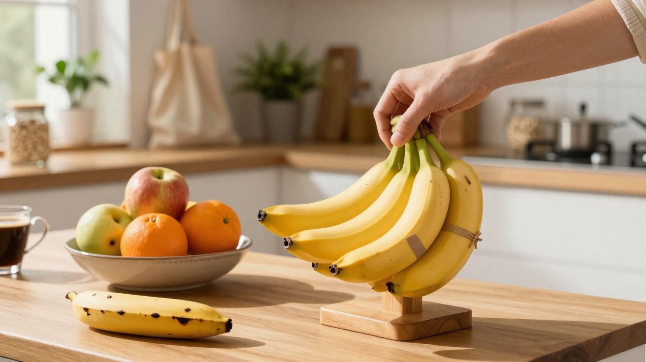 Mão a segurar cachos de bananas sobre bancada de cozinha com frutas e café ao fundo.