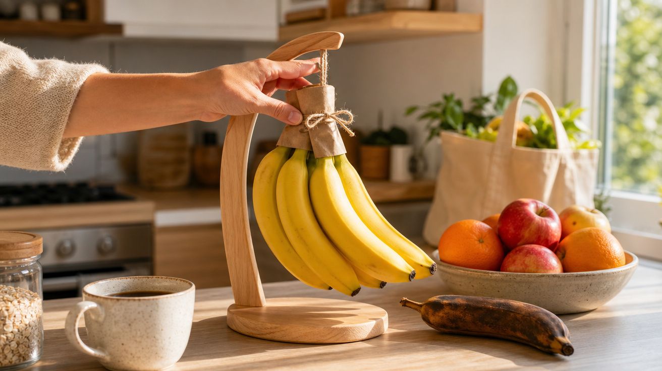Mão a pegar cachos de bananas num suporte de madeira, com frutas numa taça e café numa caneca à mesa.