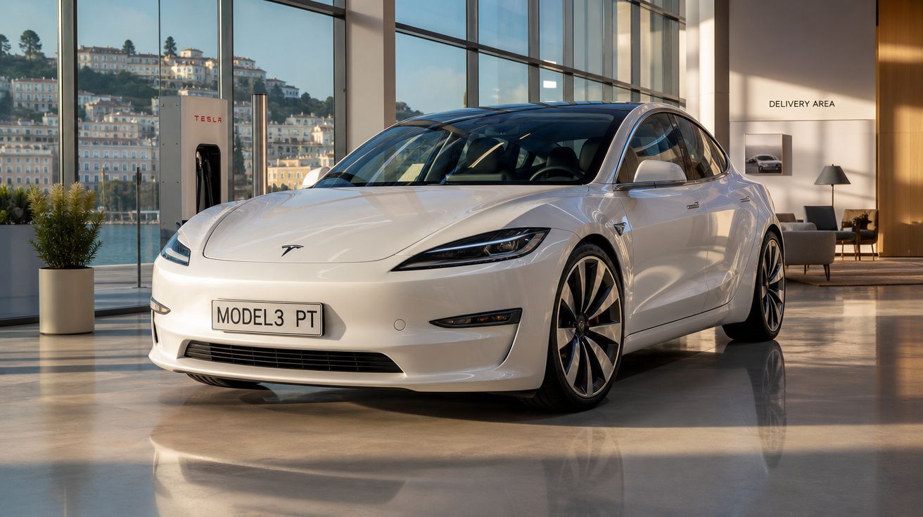 Carro elétrico branco Tesla Model 3 estacionado dentro de salão moderno com grandes janelas e vistas urbanas.