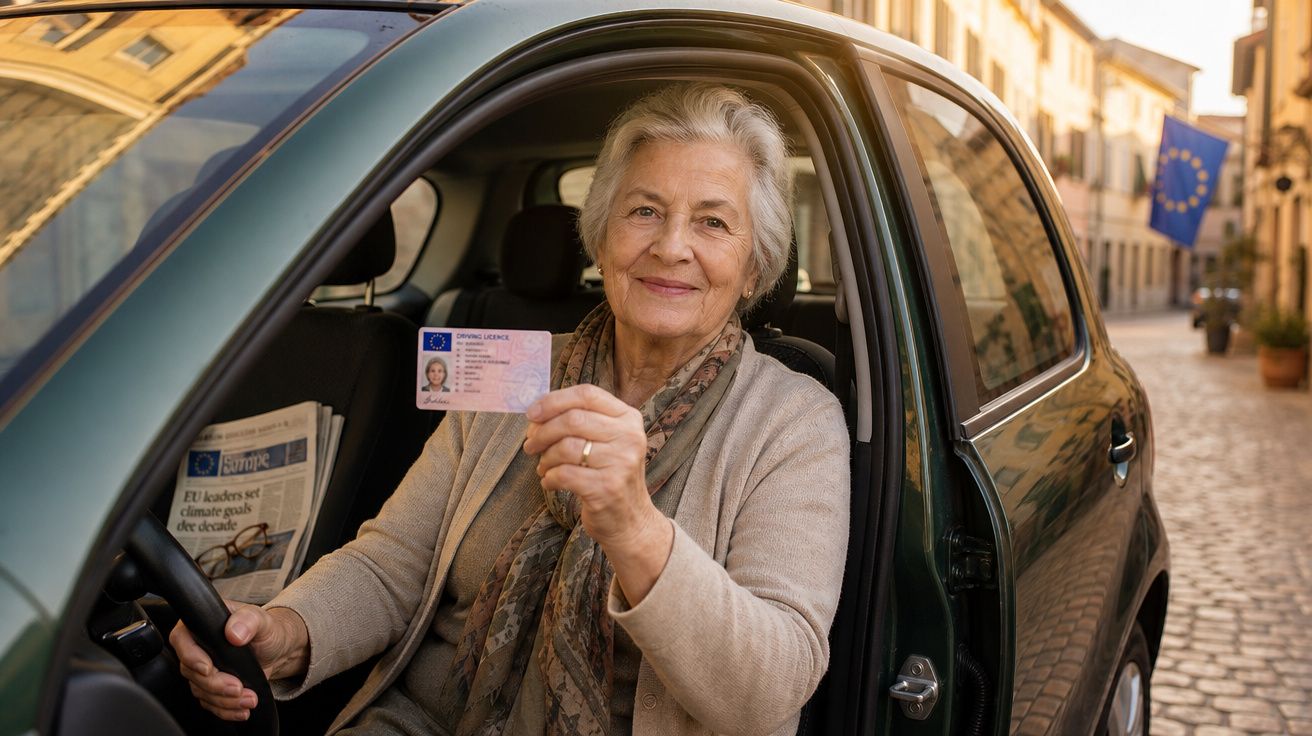 Mulher idosa sorridente no carro a mostrar licença de condução europeia numa rua com bandeira da UE.