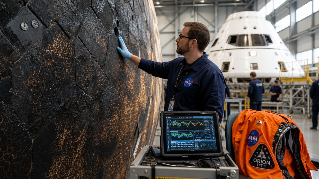 Técnico da NASA inspeciona escudo térmico de nave espacial com computador e fato espacial laranja ao lado.