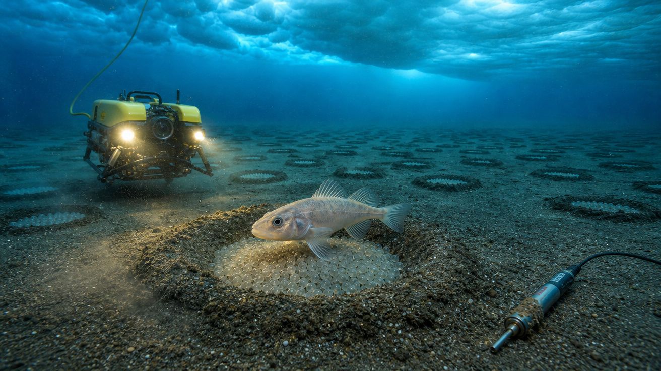 Robô subaquático a iluminar peixe e seus ovos no fundo do mar, com ferramentas de monitorização ambiental.
