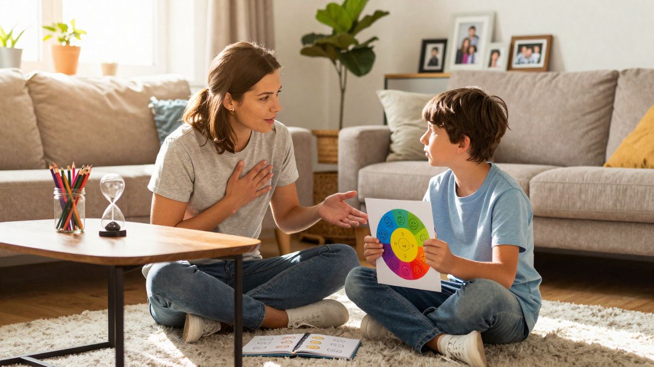 Mulher e menino sentados no chão a falar sobre emoções representadas num círculo de cores.