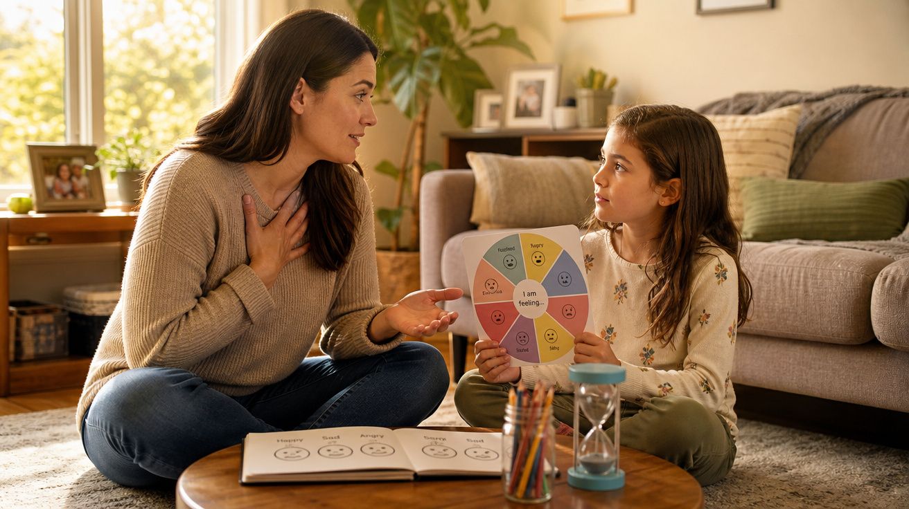 Mulher e menina sentadas no chão a conversar sobre emoções com roda de sentimentos e livro ilustrado.