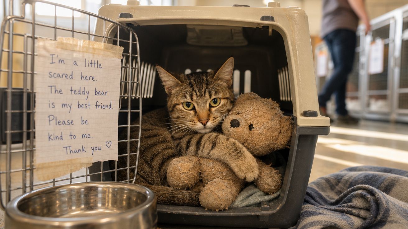 Gato abraçado a um urso de peluche dentro de transportadora com bilhete a pedir carinho.