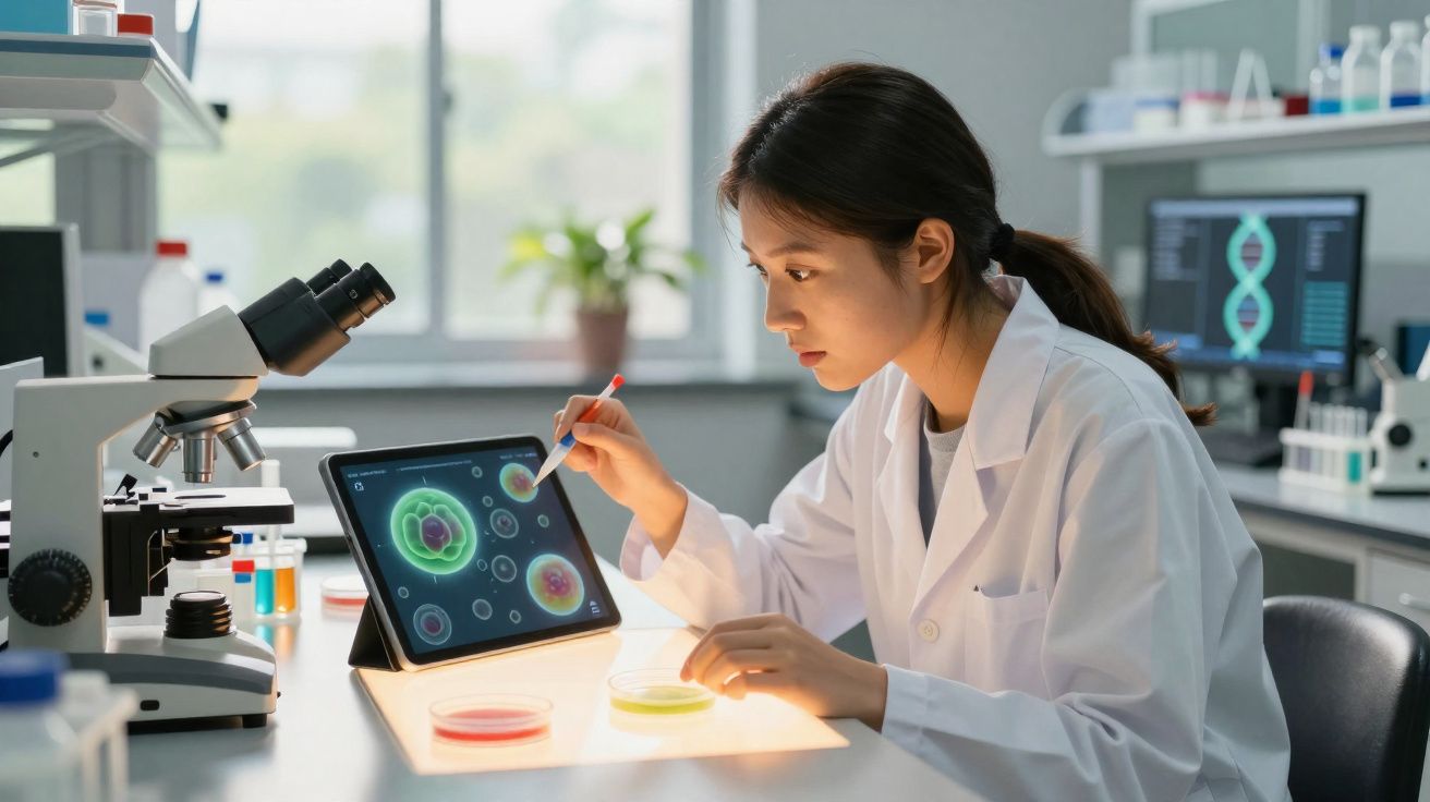 Mulher cientista a analisar imagens de células num tablet, com microscópio e placas de cultura no laboratório.