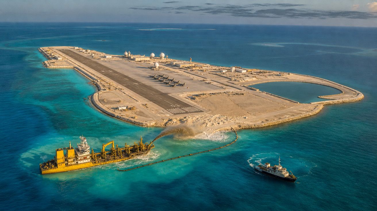Ilha artificial com pista de aeroporto e dois navios a trabalhar no mar envolvente azul.
