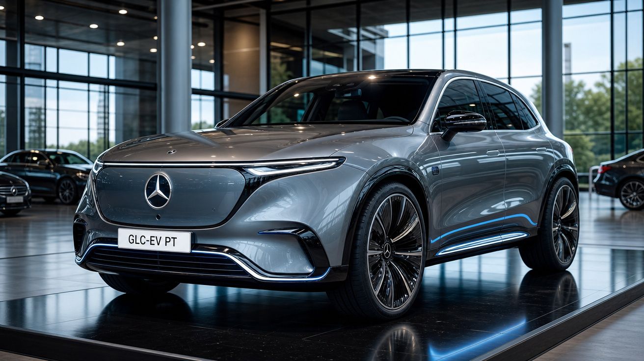 Carro elétrico Mercedes-Benz GLC-EV cinzento exposto numa sala com grandes janelas de vidro.