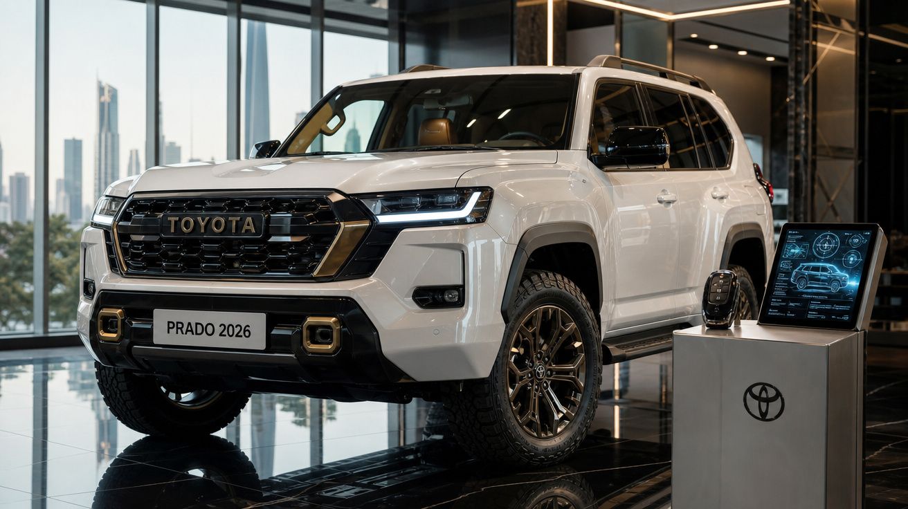 Toyota Prado 2026 branco exibido em showroom moderno com montra de vidro e painel informativo digital.