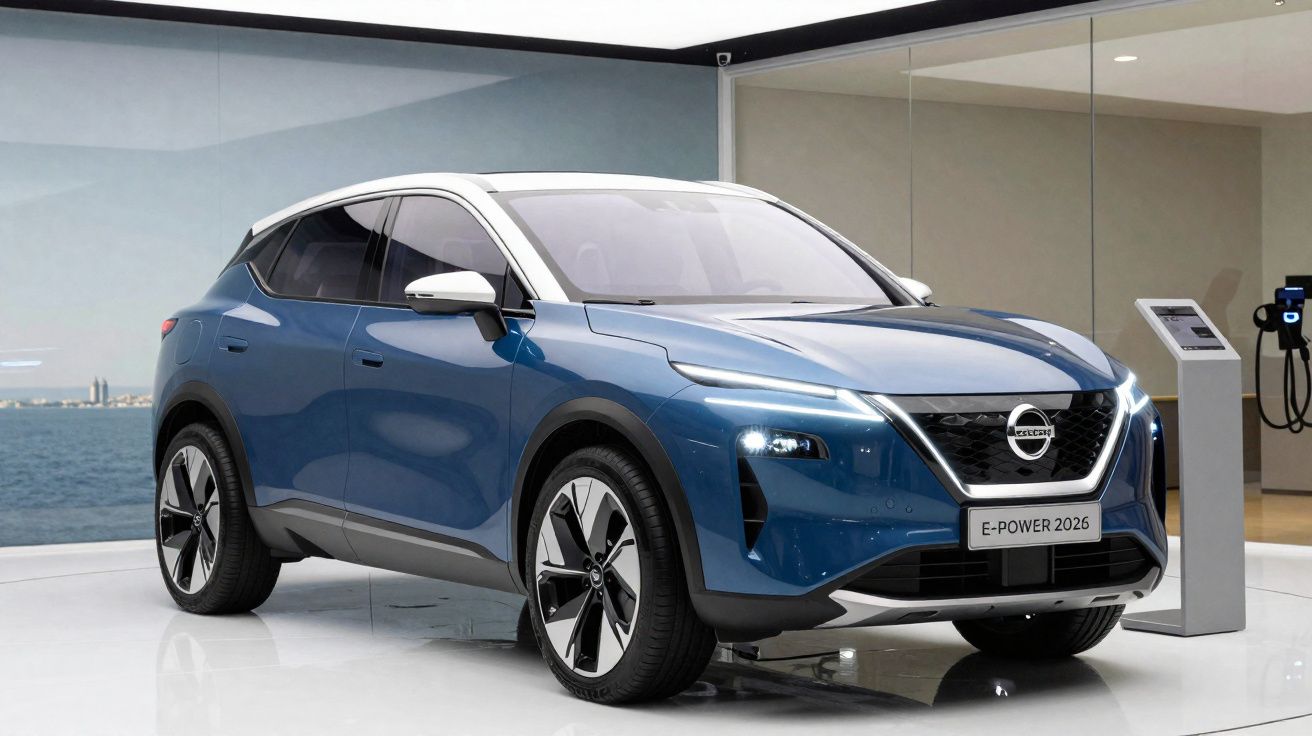 Carro elétrico Nissan E-Power 2026 azul exibido em showroom moderno junto a janela com vista para o mar.