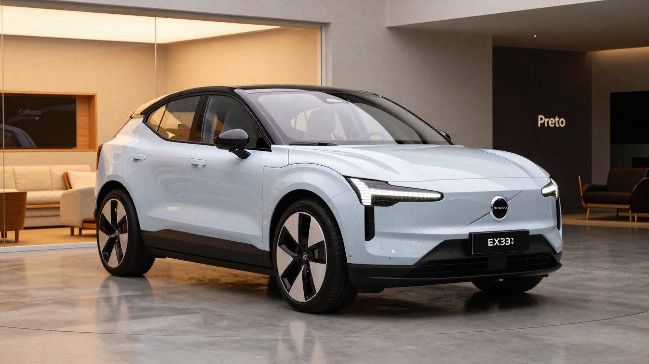 Carro elétrico Polestar EX33 cinzento claro com tejadilho preto estacionado em interior moderno.