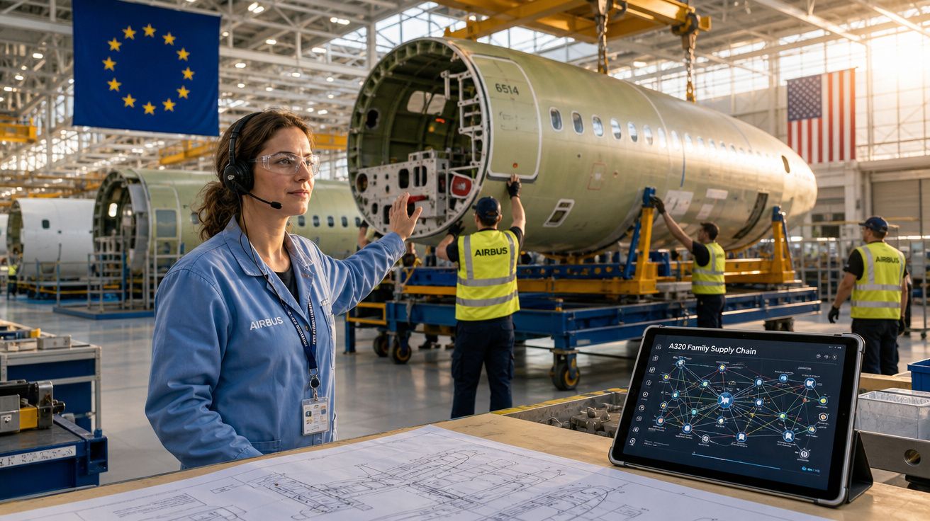 Funcionária de fábrica de aviação com óculos protectores e auriculares coordena montagem de fuselagem de avião na Airbus.