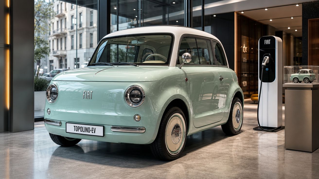 Carro elétrico Fiat Topolino-EV verde e branco estacionado em showroom moderno com carregador elétrico.