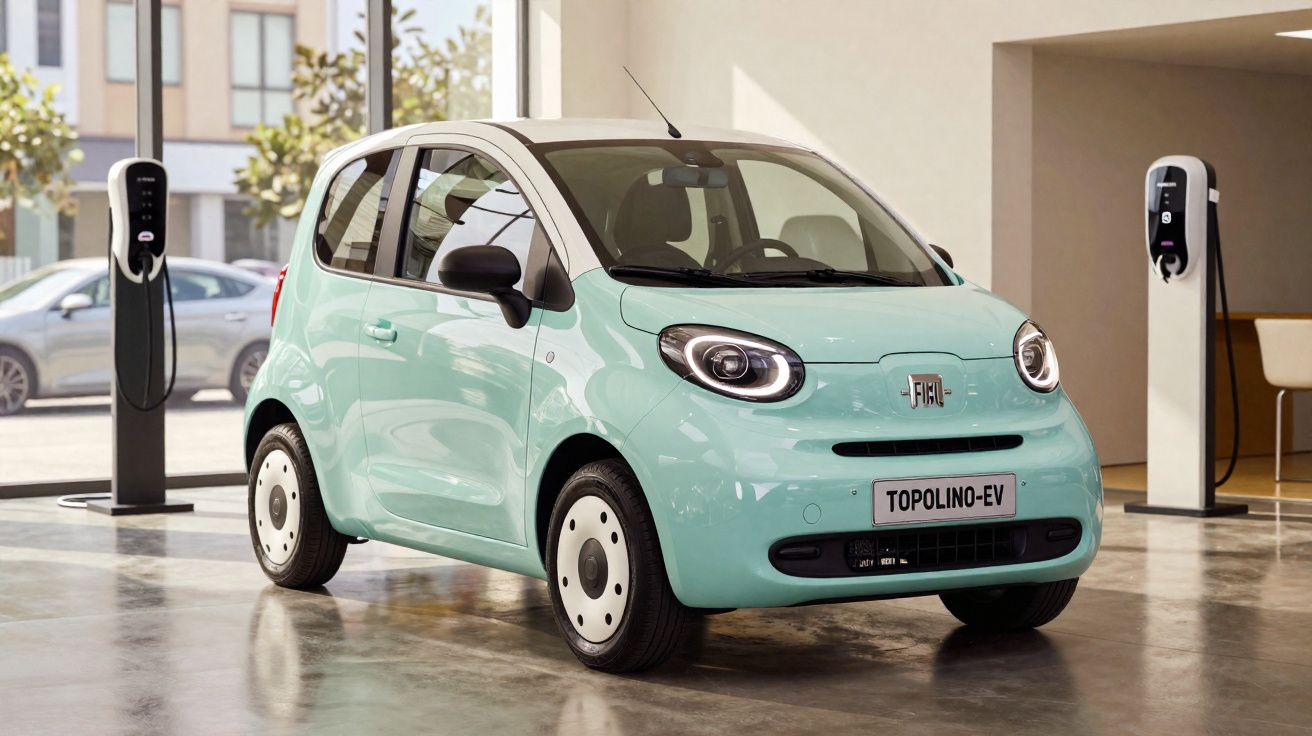 Carro elétrico Fiat Topolino EV verde claro em exposição, com estações de carregamento ao fundo.