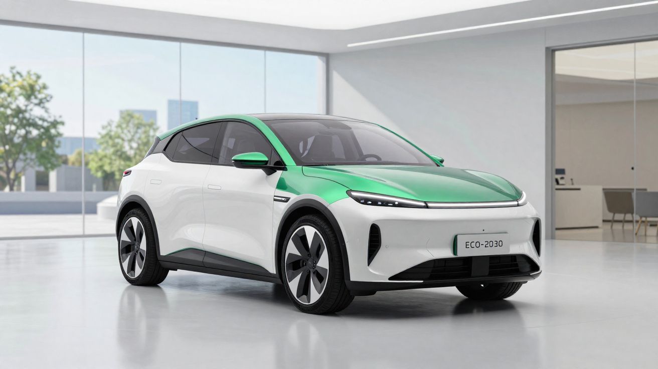 Carro elétrico moderno branco e verde num showroom minimalista com janelas amplas e vista urbana.