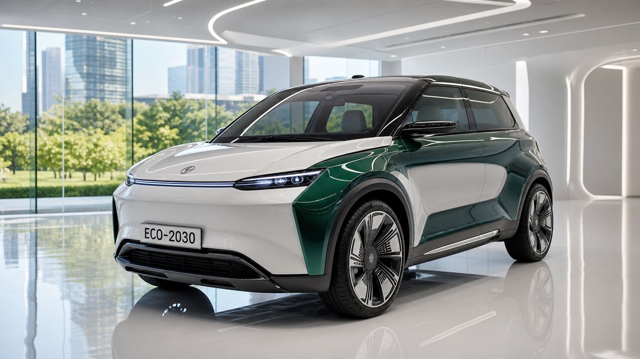 Carro elétrico compacto bicolor branco e verde estacionado num espaço moderno e luminoso com janelas amplas.