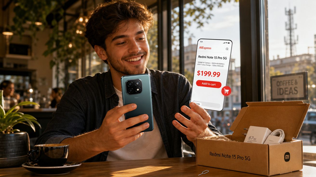 Homem sorridente a segurar telemóvel Redmi Note 15 Pro 5G em café, com caixa aberta e mensagem de compra online visível.