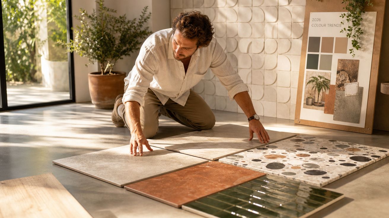 Homem ajoelhado a analisar e organizar amostras de azulejos variados num chão iluminado.