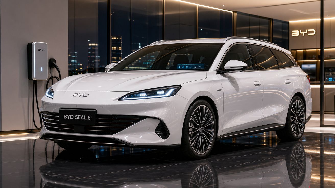 Automóvel branco BYD Seal 6 elétrico a carregar em exposição numa sala moderna à noite.
