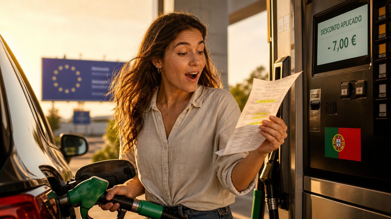 Mulher surpresa com desconto ao abastecer carro numa bomba de gasolina em Portugal.
