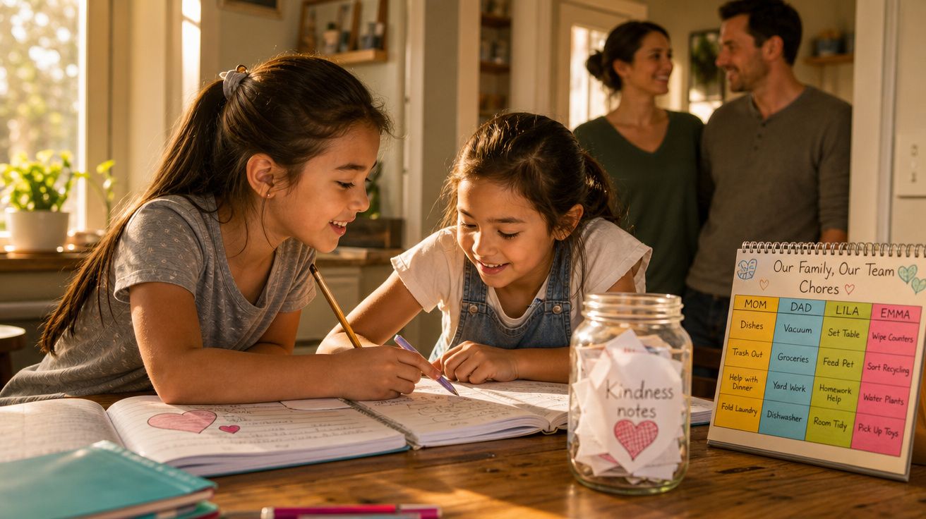 Duas meninas a fazerem os trabalhos de casa com quadro de tarefas e jarro de notas de bondade ao fundo.
