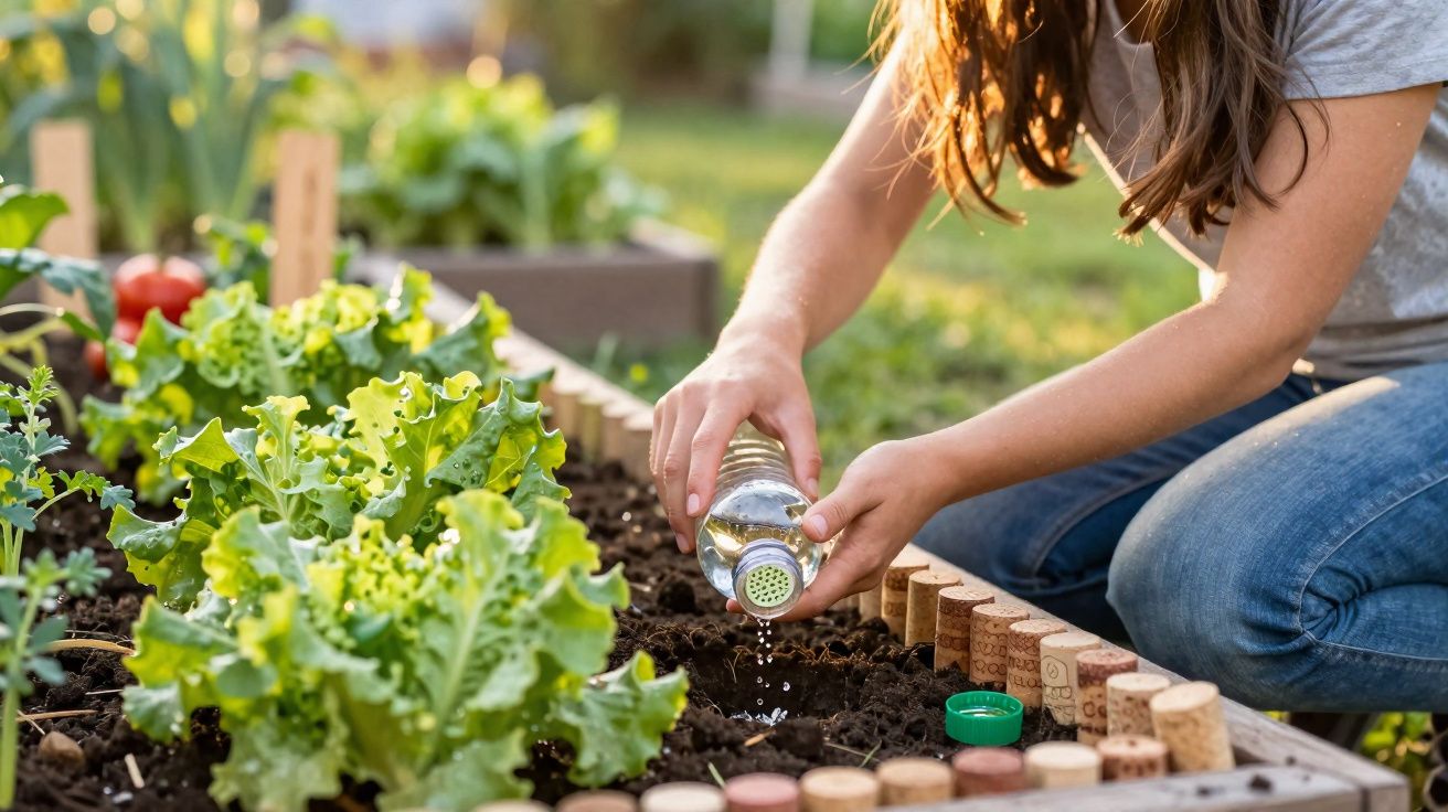 Pessoa a regar plantas numa horta urbana com folhas verdes e solo fértil ao entardecer.