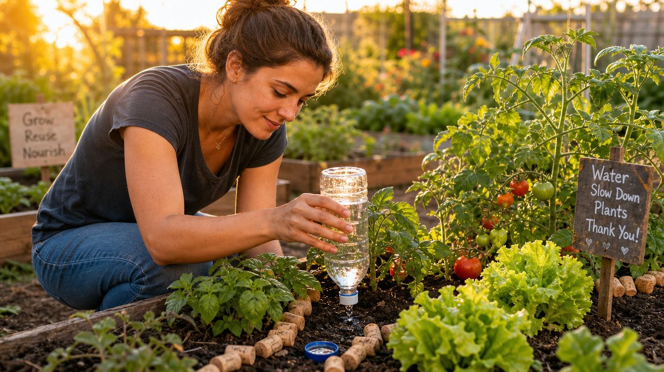 Mulher a regar plantas num jardim urbano com garrafa de água ao pôr do sol.