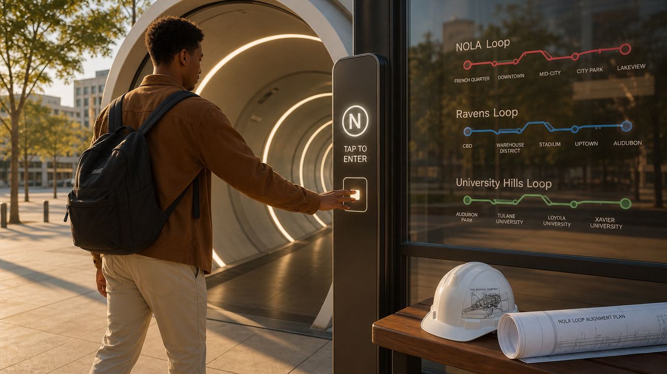 Homem com mochila toca painel para entrar em túnel futurista, junto a mapa de linhas de transporte público.