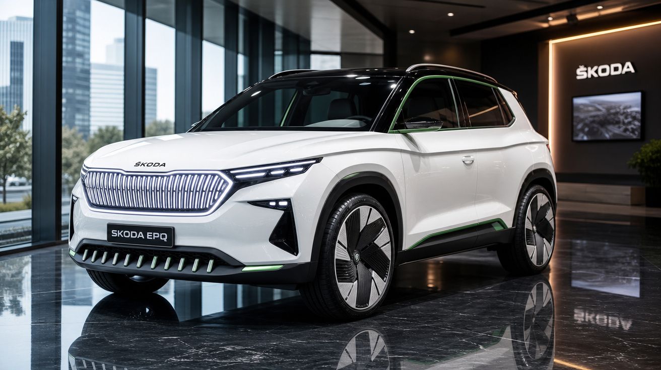SUV elétrico branco Škoda Epoq exibido em showroom moderno com grandes janelas e piso refletor.